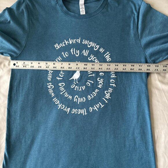 "Blackbird" blue and white womens tee with song lyrics written in a spiral - Picture 5 of 6